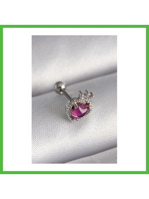 Bezos 316L Çelik Gümüş Renk Pembe Mineli Kalp Zirkon Taş Detaylı Taç Tragus Piercing Arz