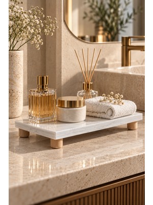 Marbello Beyaz Kuvars Mermer Banyo Organizeri 12X25 cm Ahşap Ayaklı Dekoratif Tepsi
