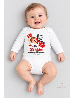 Babyden's Ilk 29 Ekim Cumhuriyet Bayramım Baskılı Bebek Çıtçıtlı Body Uzun Kollu %100 Pamuk Unisex Zıbın Badi