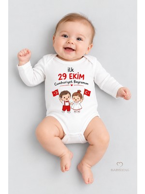 Babyden's Ilk 29 Ekim Cumhuriyet Bayramım Baskılı Bebek Çıtçıtlı Body Uzun Kollu %100 Pamuk Unisex Zıbın Badi