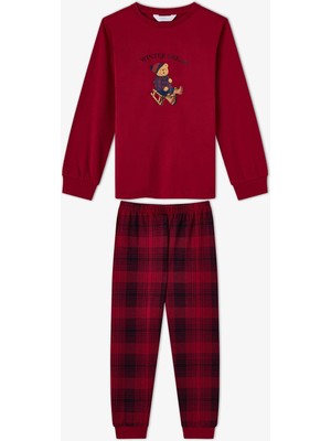Penti Unisex Çocuk Bordo Teddy Crew Fam Uzun Kollu Pijama Takımı