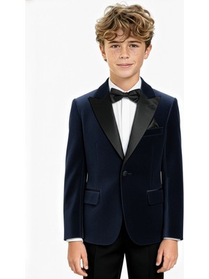 Sırrı Erkek Çocuk Kadife Saten Şal Yaka Damatlık Blazer Ceket Papyonlu
