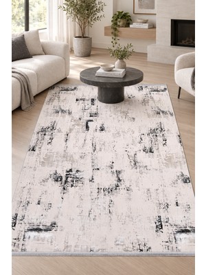 Okyaz Krem Gri Salon Oturma Odası Koridor Halısı Robot Süpürge Uyumlu Kolay Temizlenebilir Polyester