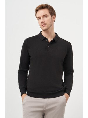 Morven  Erkek Siyah Basic Polo Yaka Dynamic Fit Rahat Kesim Triko