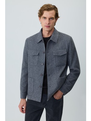 Morven  Erkek Gri Trend Yünlü Safari Model Dinamik Fit Gömlek Ceket