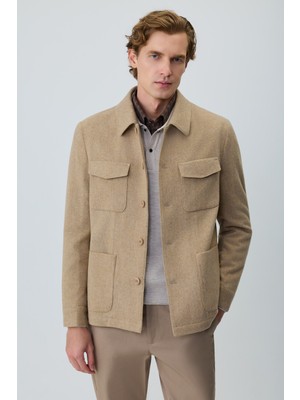 Morven  Erkek Bej Trend Yünlü Safari Model Dinamik Fit Gömlek Ceket