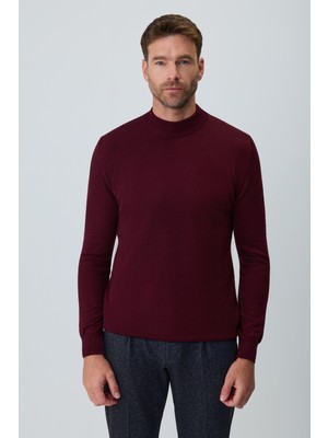 Morven  Erkek Koyu Bordo Basic Yarım Balıkçı Yaka Dinamik Fit Triko