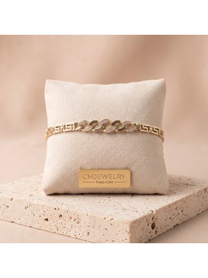 cm Jewelry Vıp Seri 316L Çelik Gold Renk Merkezi Zirkon Taşlı Grek Motifli Gurmet Zincir Bileklik 17+2 cm