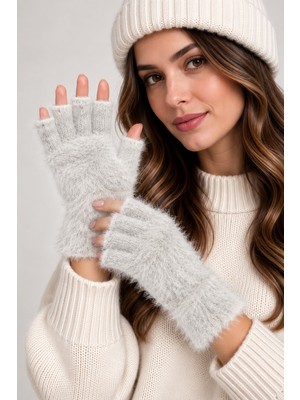 Moowear Kadın Kesik Parmak Eldiven Parmaksız Peluş Eldiven Yumuşak Tüylü Örgü Kışlık Uzun Bileklik El Isıtıcı