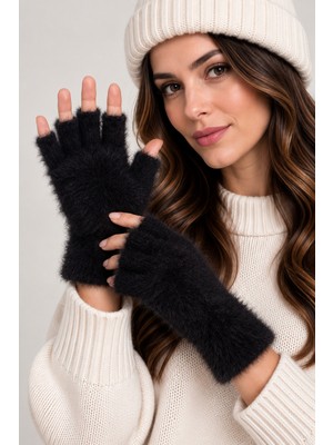 Moowear Kadın Kesik Parmak Eldiven Parmaksız Peluş Eldiven Yumuşak Tüylü Örgü Kışlık Uzun Bileklik El Isıtıcı