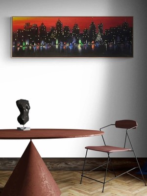Simurg Sanatevi Şehrin Işıkları Yağlı Boya Tablosu - Tuval Üzerine El Yapımı - 150 x 50 cm