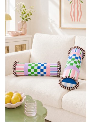 Ritmo Home Dopamin Dekoratif Çizgili Fırfırlı Renkli Silindir Sosis Yastık (Içi Dolgulu)