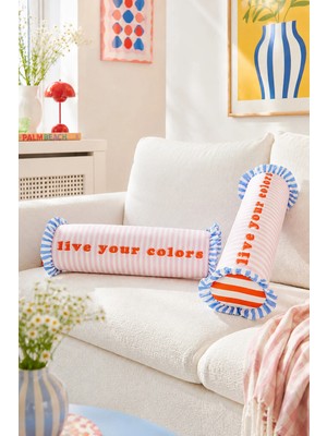 Ritmo Home Dopamin Dekoratif Çizgili Fırfırlı Renkli Silindir Sosis Yastık (Içi Dolgulu)