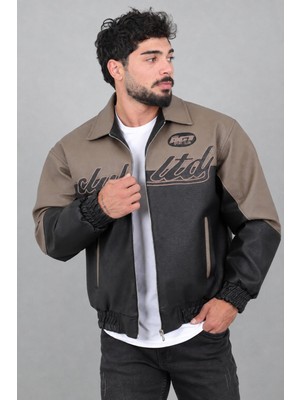 Stil Kombin Baskılı Çift Renk Oversize Suni Deri Mont Kmd 882_50531