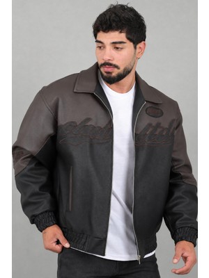 Stil Kombin Baskılı Çift Renk Oversize Suni Deri Mont Kmd 882_50531