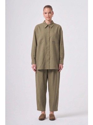 Nuss 1092 Çift Cep Detay Kendinden Desenli Takım Olive