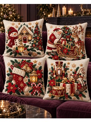 Menesa Home Yılbaşı Temalı Noel Baba Kardan Adam Desenli Nakış Efektli Dijital Baskılı 4'lü Kırlent Kılıfı Seti