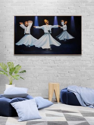 Simurg Sanatevi Üç Derviş Semazen Yağlı Boya Tablosu - Tuval Üzerine El Yapımı - 140 x 80 cm