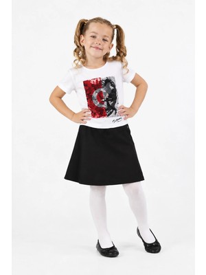 Nats Kids Kız Çocuk Atatürk Baskılı Tişört Siyah Etek 2'li Takım Türk Bayraklı