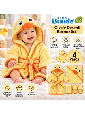 Buude Kids Pamuklu Civciv Desenli Yumuşak Havlu Kumaş Kapüşonlu Erkek Bebek 4 Parça Bornoz Banyo Seti 0-24 Ay