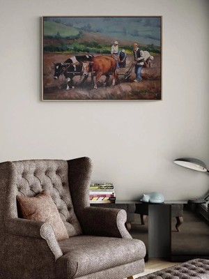 Simurg Sanatevi Köydeki Çiftçi Yağlı Boya Tablosu - Tuval Üzerine El Yapımı - 100 x 70 cm