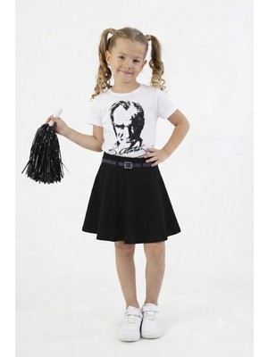 Nats Kids Kız Çocuk Atatürk Baskılı Beyaz Kısa Kollu Tişört Siyah Kloş Etek 2'li Takım Pamuklu Günlük Şık Kombin