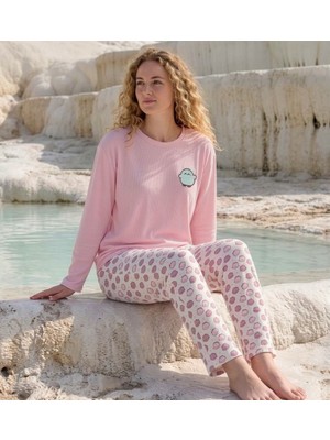 Pijamoni Kadın Uzun Kol Kaşkorse Milan Kumaş Penye Berlin Pembe Pijama Takımı