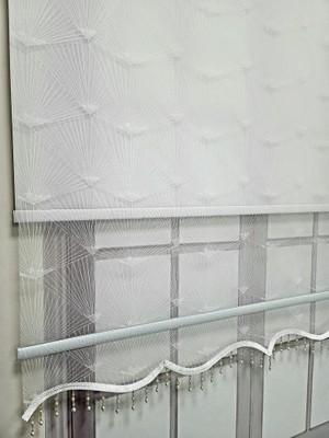 Tr Desenli Boncuklu Çift Mekanizmalı Tül Stor Perde Beyaz TS1095B 230X200 Beyaz