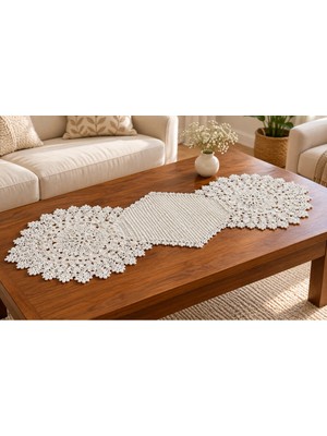 East West Trading Krem El Işi Dantel Runner Sehpa Örtüsü 85X35 cm – Çiçek Motifli Örgü Çeyizlik Dekoratif Masa Örtüsü