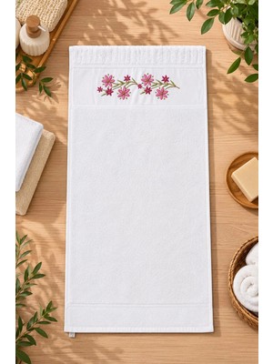 East West Trading Lüks Pembe Çiçek Nakışlı 100% Pamuk El ve Yüz Havlusu (41X79 Cm) Banyo Havlusu