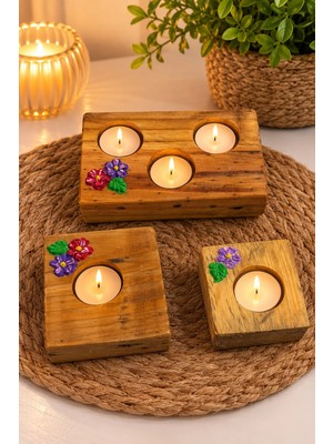 East West Trading El Yapımı Ahşap Çiçek Süslemeli 3'lü Mumluk Seti Dekoratif Tealight Mum Standı Rustik Ev Dekoru