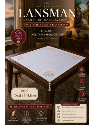 East West Trading El Yapımı Püsküllü Ince Tafta Kare Masa Örtüsü 106,5 x 105,5 cm Gold Nakış Işlemeli Dekoratif Masa Örtüsü