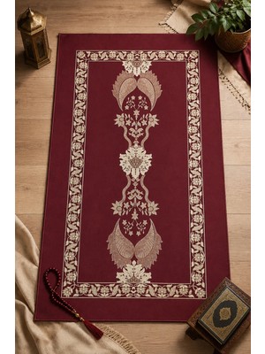 East West Trading Lüks Çift Yüzlü Mikrofiber Dokuma Soft Kumaş Seccade - Bordo Altın Desenli