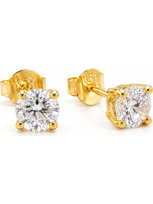 Afrodit Silver 925 Ayar Gümüş 5 mm Zirkon Taşlı Sarı Gold Kaplama Kadın Küpe