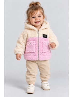 BEBEKİZ Kız Bebek Kuzu Welsoft Peluş Hırka Kapüşonlu Fermuarlı Cepli Yumuşak Sonbahar Kışlık Bebek Ceket