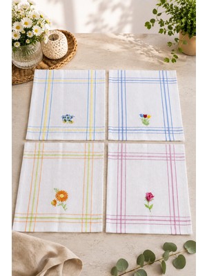 East West Trading 4'lü Çiçek Desenli Pamuklu Yemek Peçetesi Seti 29,5 x 49,6 cm Nakış Işlemeli Mutfak ve Sofra Peçetesi