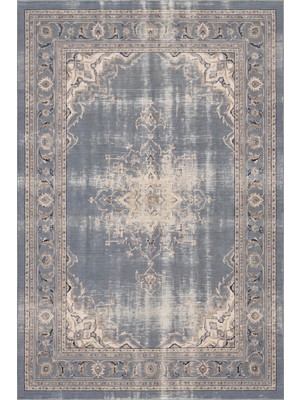 Rugzella Vintage Eskitme Madalyon Desenli Gri Mavi Krem Lacivert Salon Yıkanabilir Halı