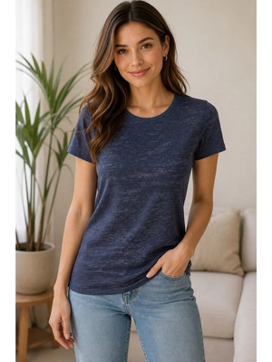 East West Trading Lacivert Pamuklu Viskon Geniş Yaka Hafif Iç Gösteren Kısa Kollu Kadın T-Shirt / Bluz (38 Beden)