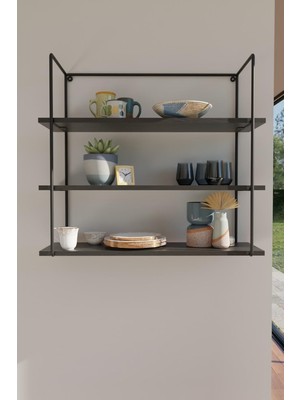 Gy Atelier Akroraf Metal Gövdeli Huş Ağacı Duvar Rafı - 3 Katlı Kare Siyah Dekoratif 50X50X18 cm - Özel Tasarım
