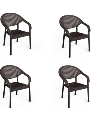 Gy Atelier 4 Adet Bambu Plastik Rattan Bahçe Balkon Teras Sandalyesi Gizli Metal Profil Ayaklı Kollu Sandalye Bahçe Koltuk (Kahverengi)