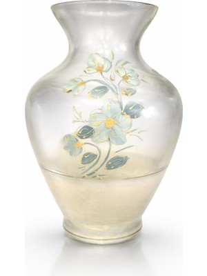 Gy Atelier El Yapımı Cam Dekoratif Vazo, Mavi Çiçek Desenli, 33 cm