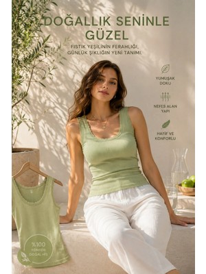 East West Trading 38 Beden Fıstık Yeşili Dantel Işlemeli El Yapımı Kadın Askılı Bluz - Esnek Ribana Günlük Kullanım