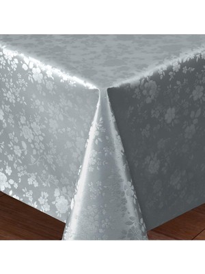 Gy Atelier Fantastik Elyaf Astarlı Pvc Masa Örtüsü 100X140CM Silinebilir Sıvı Geçirmez Leke Tutmaz Gül Çiçekli Gümüş Gri
