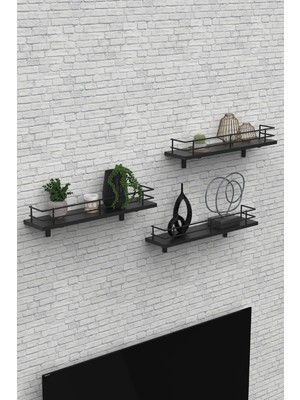 Gy Atelier Modern Tasarımlı Metal Korkuluklu Siyah Ahşap Duvar Rafı Üçlü Takım