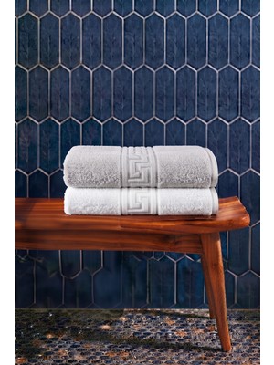 Anılsan 2'li Greek Gri-Beyaz El Havlusu - 50x90 Cm, 225 Gr, %100 Pamuk, Spa Ve Otel Havlusu
