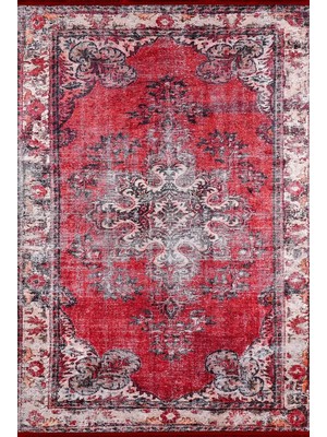 Gy Atelier Kırmızı Gri Madalyonlu Klasik Kaymaz Taban Salon Halısı Dijital Baskı