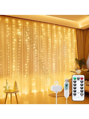 Gy Atelier 300 LED Perde Işık Kumandalı – Sarı Günışığı, 3X3M USB Powered, 8 Farklı Işık Modu, Dekoratif Perde LED Işık, Doğum Günü, Kına, Düğün, Parti ve Etkinlik Aydınlatması (1, 300LED Warm White)