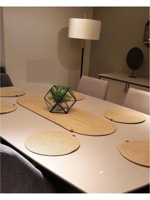 Gy Atelier Supla Runner Takımı, Doğal, Desenli, Hasır, Amerikan Servis Takımı Jüt