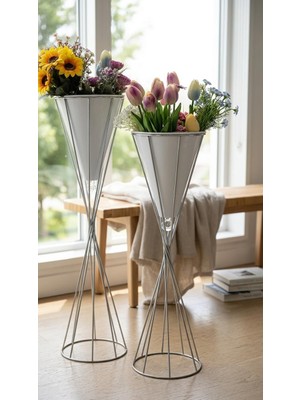 Gy Atelier Krom Beyaz Metal Dekoratif Modern Salon Bahçe Teras Uyumlu 2'li Taşlı Çiçeklik Seti Vazo Dekor