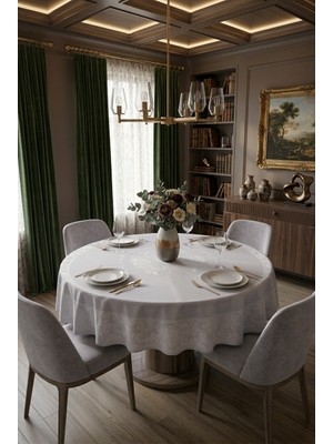 Elegancev Jakarlı Kumaş Yuvarlak Masa Örtüsü - 160 cm Çap -Gri Renk
